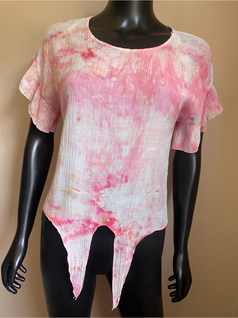 Tie-Dye Pink Short Sleeve Blouse with Front Tie Detail
